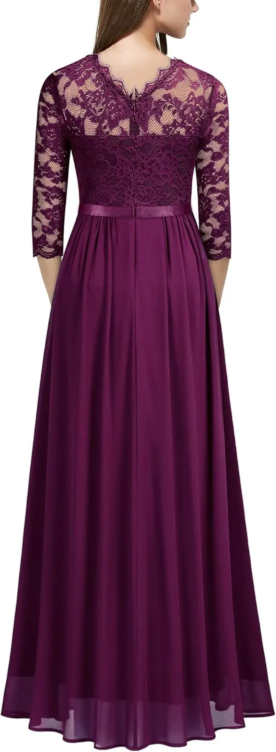 Miusol Women's Elegant Floral Lace 3/4 Sleeve Bridesmaid Formal Maxi Dress