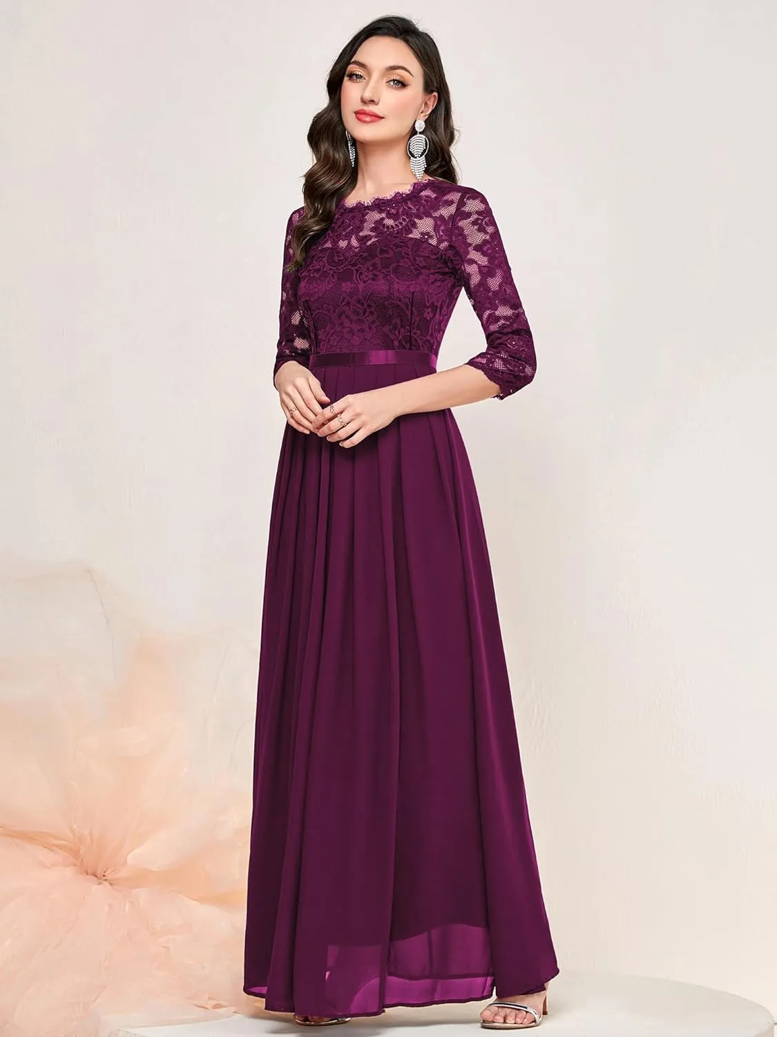 Miusol Women's Elegant Floral Lace 3/4 Sleeve Bridesmaid Formal Maxi Dress
