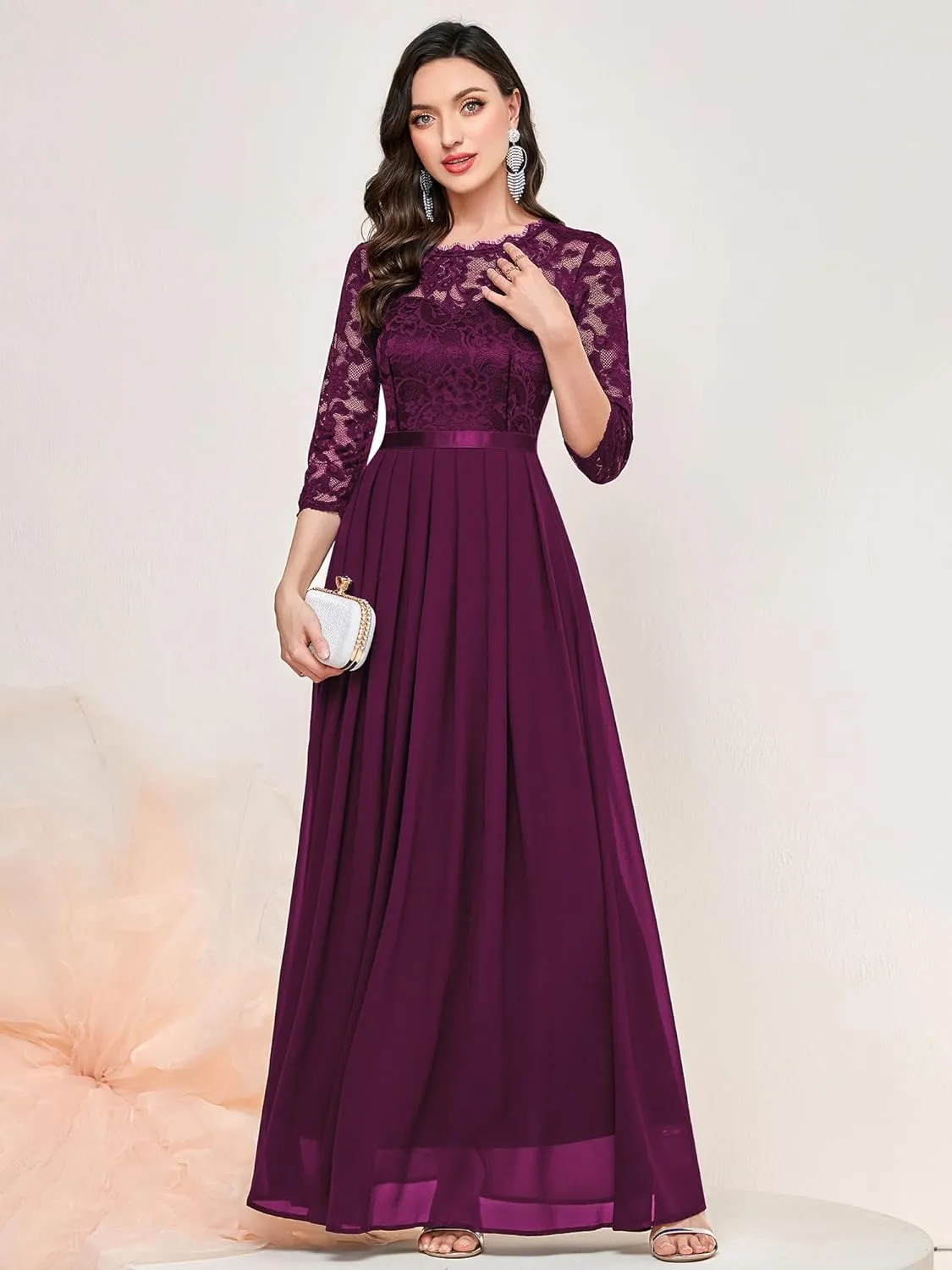 Miusol Women's Elegant Floral Lace 3/4 Sleeve Bridesmaid Formal Maxi Dress