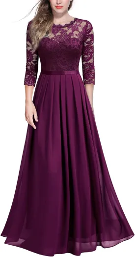 Miusol Women's Elegant Floral Lace 3/4 Sleeve Bridesmaid Formal Maxi Dress