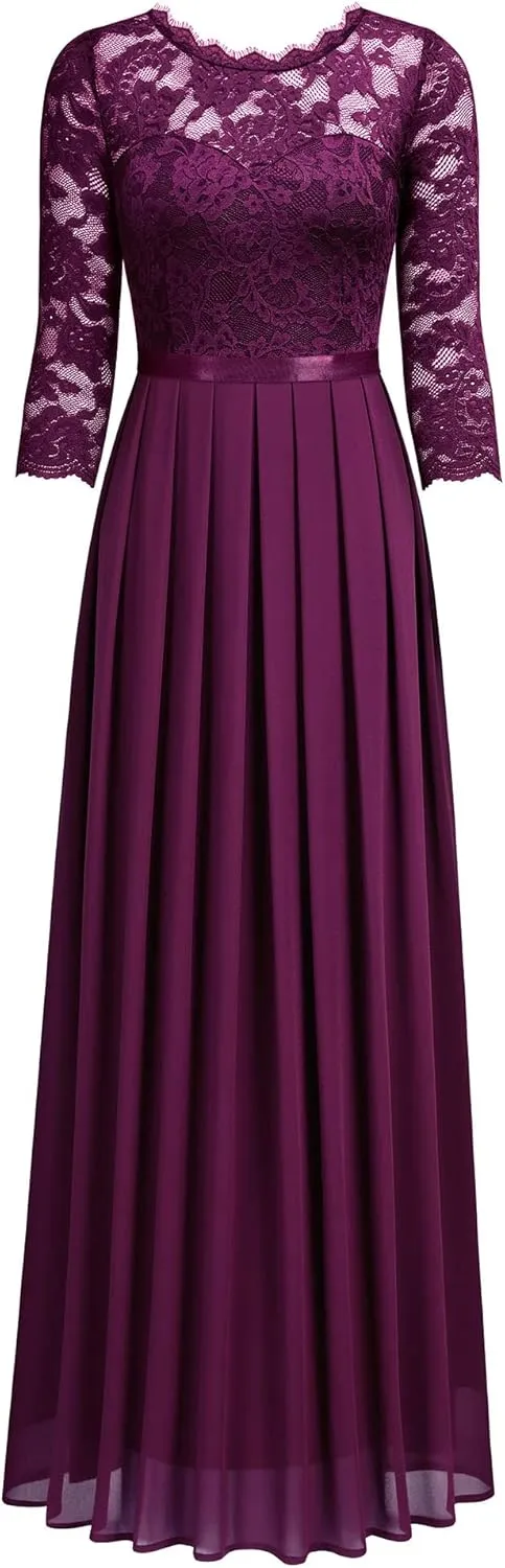 Miusol Women's Elegant Floral Lace 3/4 Sleeve Bridesmaid Formal Maxi Dress