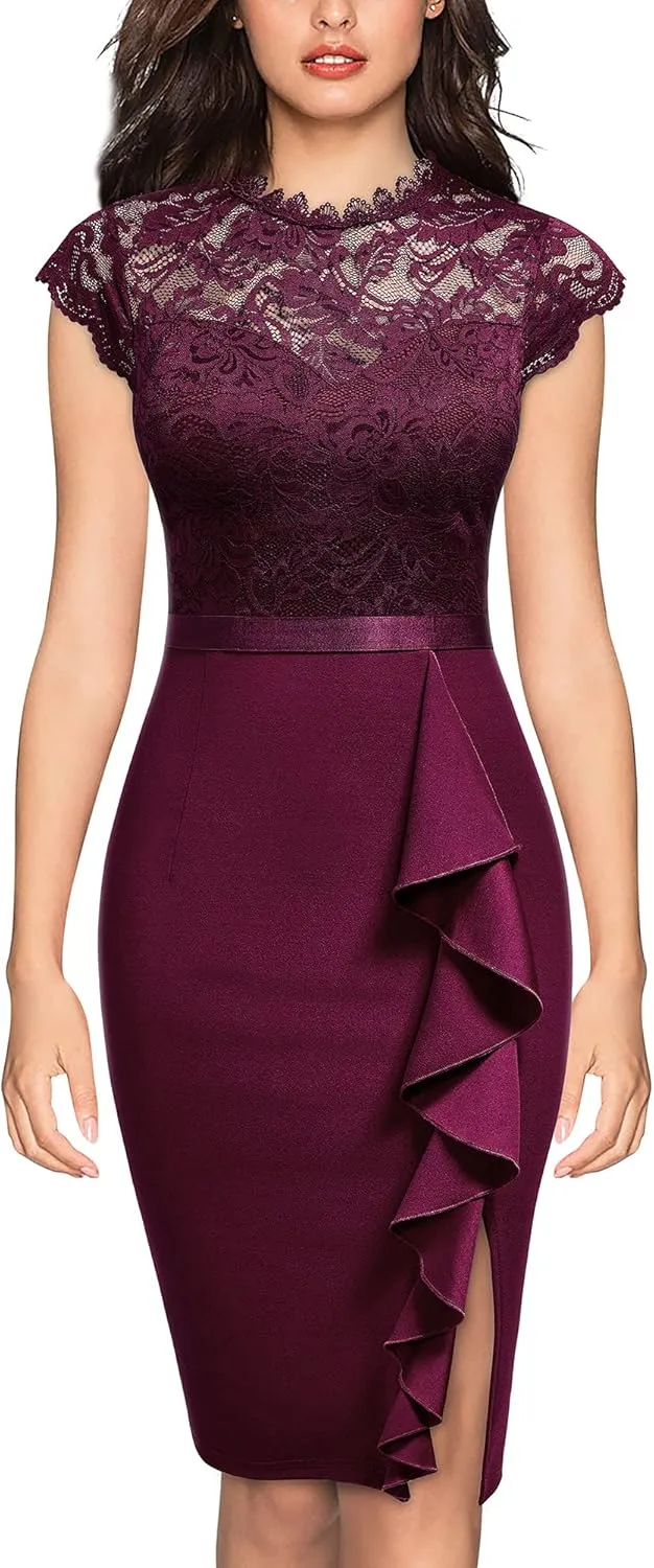 Miusol Women's Retro Floral Lace Ruffle Style Cocktail Mini Dress
