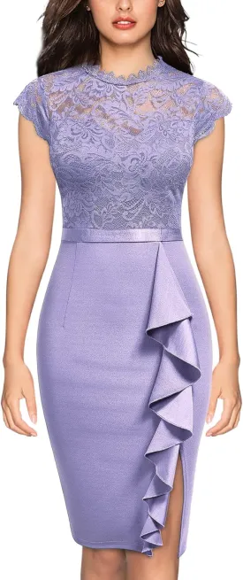 Miusol Women's Retro Floral Lace Ruffle Style Cocktail Mini Dress