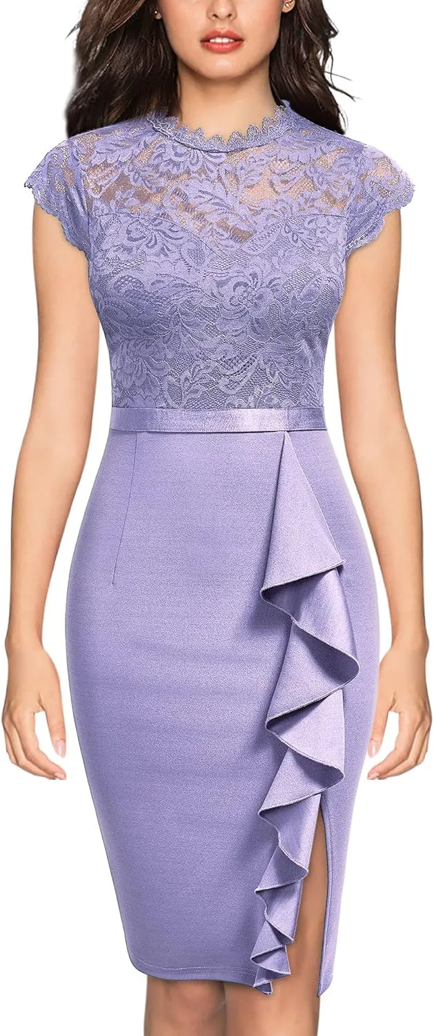 Miusol Women's Retro Floral Lace Ruffle Style Cocktail Mini Dress