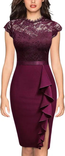 Miusol Women's Retro Floral Lace Ruffle Style Cocktail Mini Dress