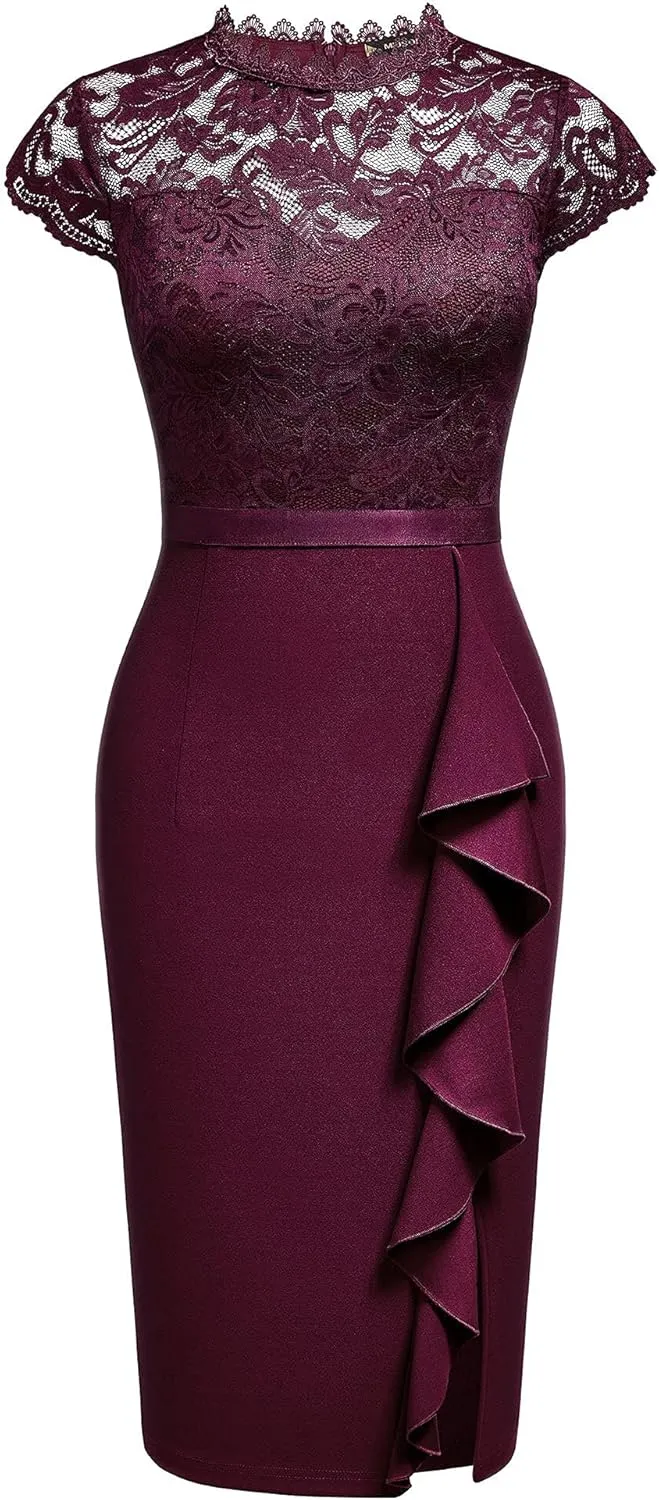 Miusol Women's Retro Floral Lace Ruffle Style Cocktail Mini Dress