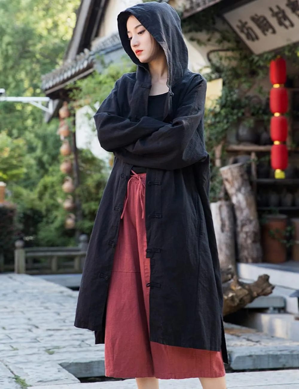 NFYM Women's Long Trench Coat Cotton Linen Hoodie Duster Jacket Long Sleeve Chinese Style Outwear with Pocket