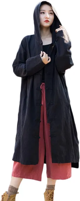 NFYM Women's Long Trench Coat Cotton Linen Hoodie Duster Jacket Long Sleeve Chinese Style Outwear with Pocket