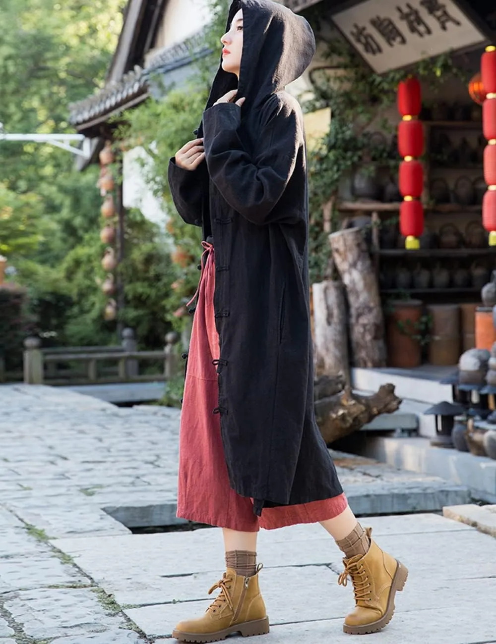 NFYM Women's Long Trench Coat Cotton Linen Hoodie Duster Jacket Long Sleeve Chinese Style Outwear with Pocket