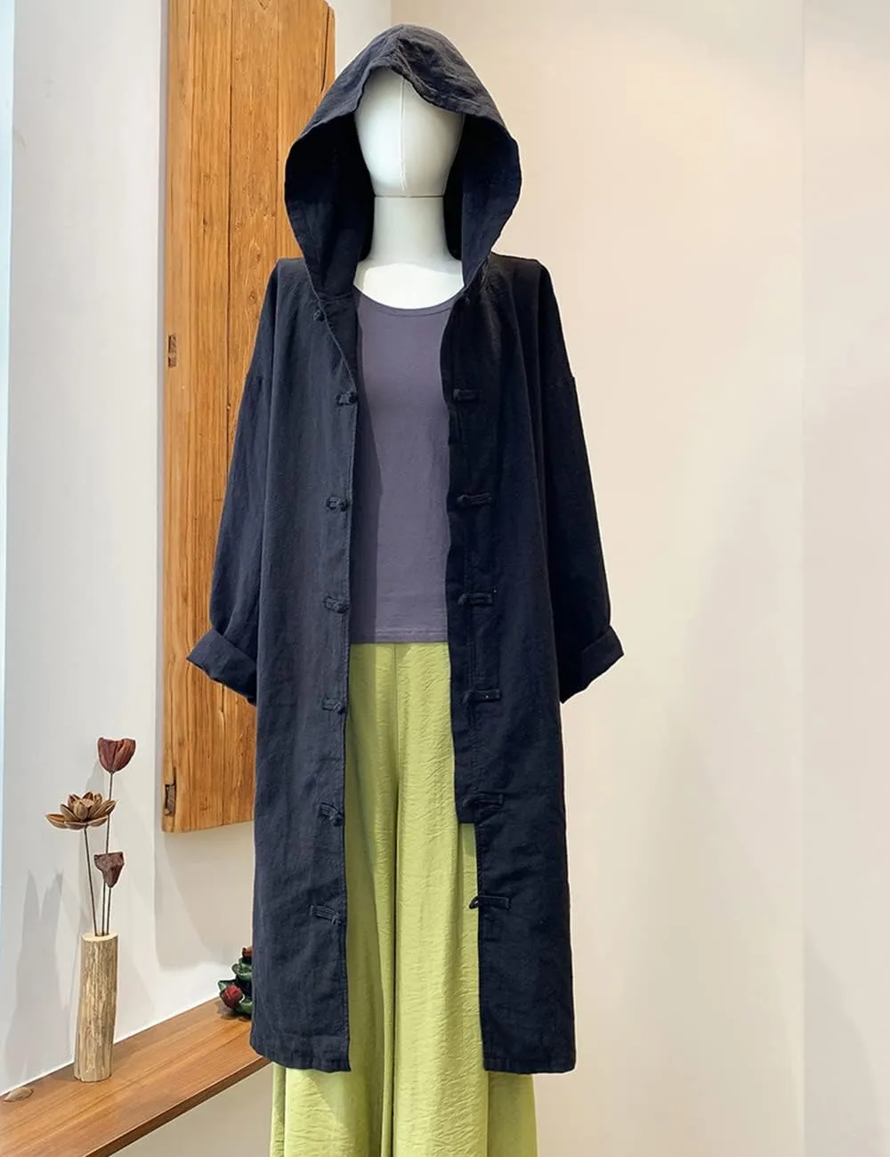 NFYM Women's Long Trench Coat Cotton Linen Hoodie Duster Jacket Long Sleeve Chinese Style Outwear with Pocket