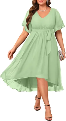 Plus Size Dresses Wedding Guest - Formal Cocktail Chiffon V Neck Short Sleeve High Low Dress Curvy Women