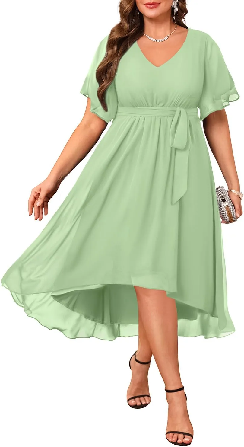 Plus Size Dresses Wedding Guest - Formal Cocktail Chiffon V Neck Short Sleeve High Low Dress Curvy Women