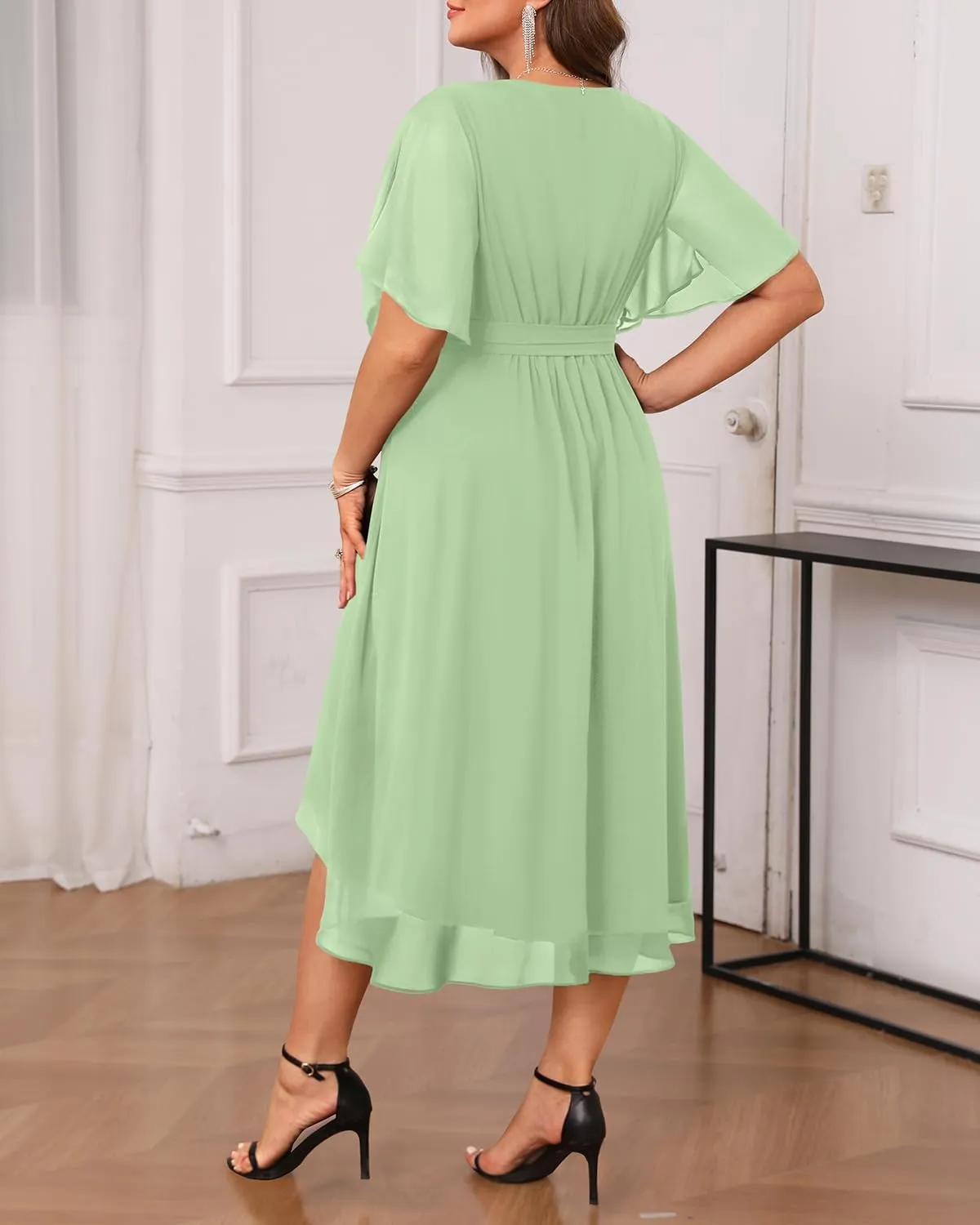 Plus Size Dresses Wedding Guest - Formal Cocktail Chiffon V Neck Short Sleeve High Low Dress Curvy Women
