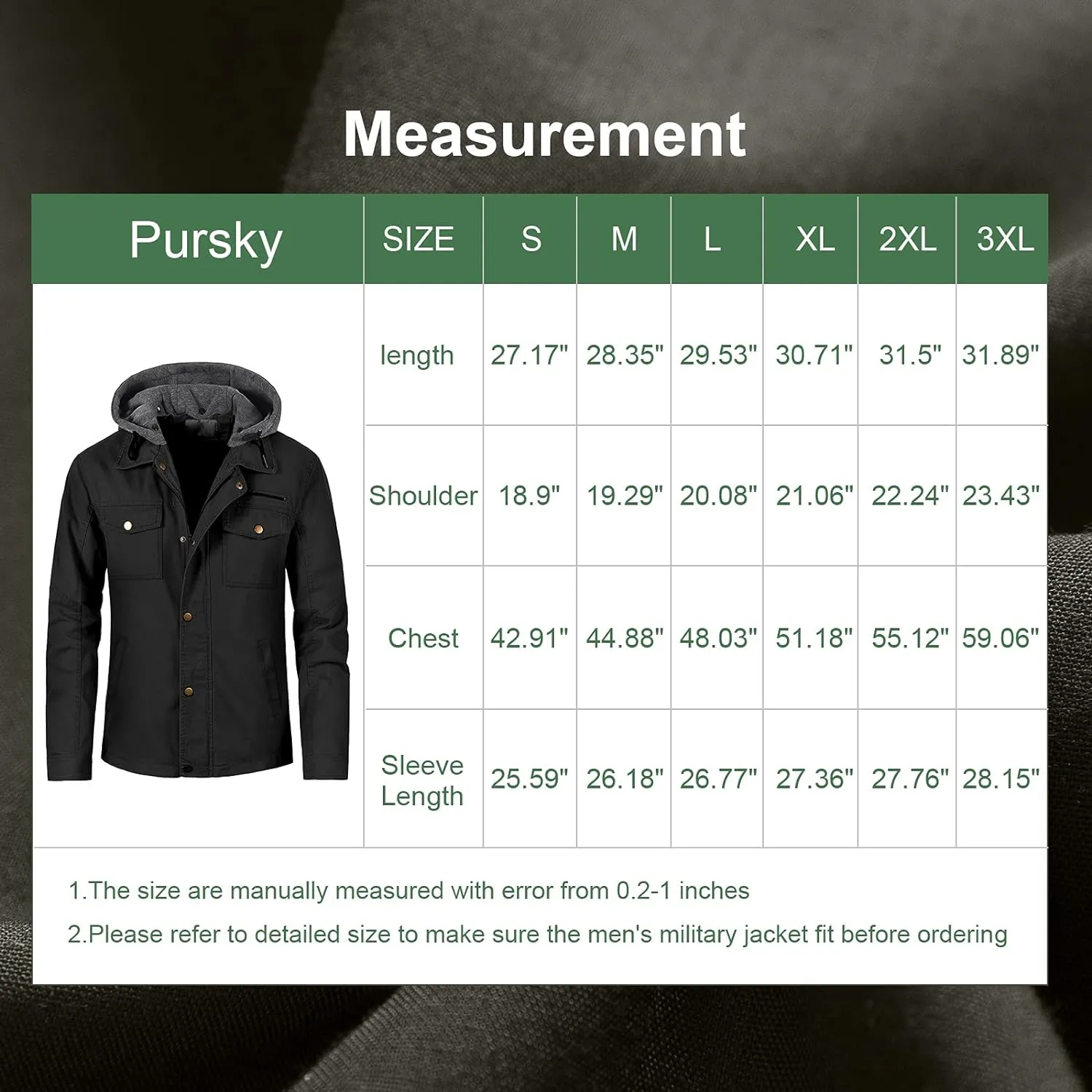 Pursky Men's Canvas Cotton Military Casual Field Jacket Outerwear With Removable Hood