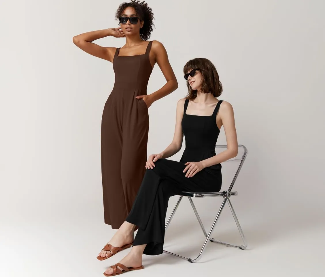 QINSEN Womens Casual Loose Overalls Jumpsuit Square Neck One Piece Sleeveless Wide Leg Rompers Outfits