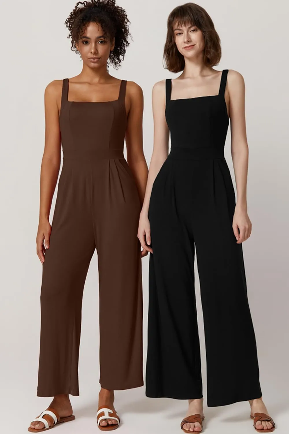 QINSEN Womens Casual Loose Overalls Jumpsuit Square Neck One Piece Sleeveless Wide Leg Rompers Outfits