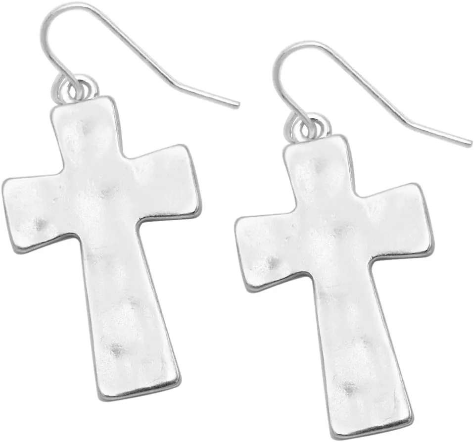 Rosemarie & Jubalee Women's Chic Western Style Matte Finish Hammered Metal Cross Religious Dangle Earrings, 1.75"