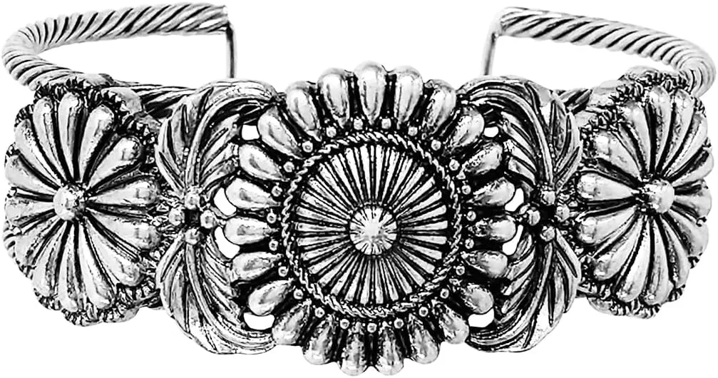Rosemarie & Jubalee Women's Cowgirl Chic Western Style Burnished Silver Tone Conchos On Open Cuff Bracelet, 7" (Twisted Silver Tone Band)