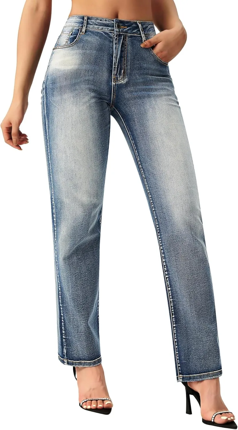 roswear Women's Casual Straight Leg Mid Rise Stretchy Trendy Denim Jeans