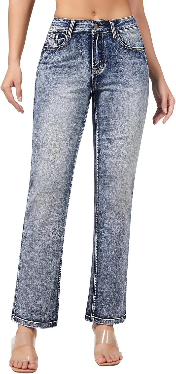 roswear Women's Casual Straight Leg Mid Rise Stretchy Trendy Denim Jeans