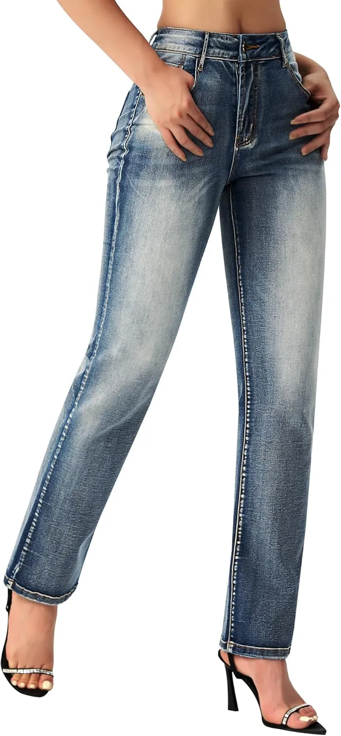 roswear Women's Casual Straight Leg Mid Rise Stretchy Trendy Denim Jeans