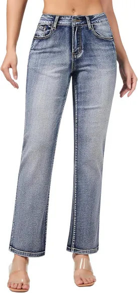 roswear Women's Casual Straight Leg Mid Rise Stretchy Trendy Denim Jeans