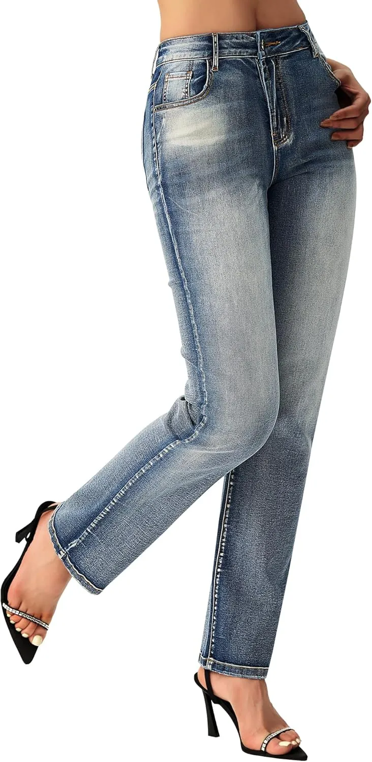 roswear Women's Casual Straight Leg Mid Rise Stretchy Trendy Denim Jeans