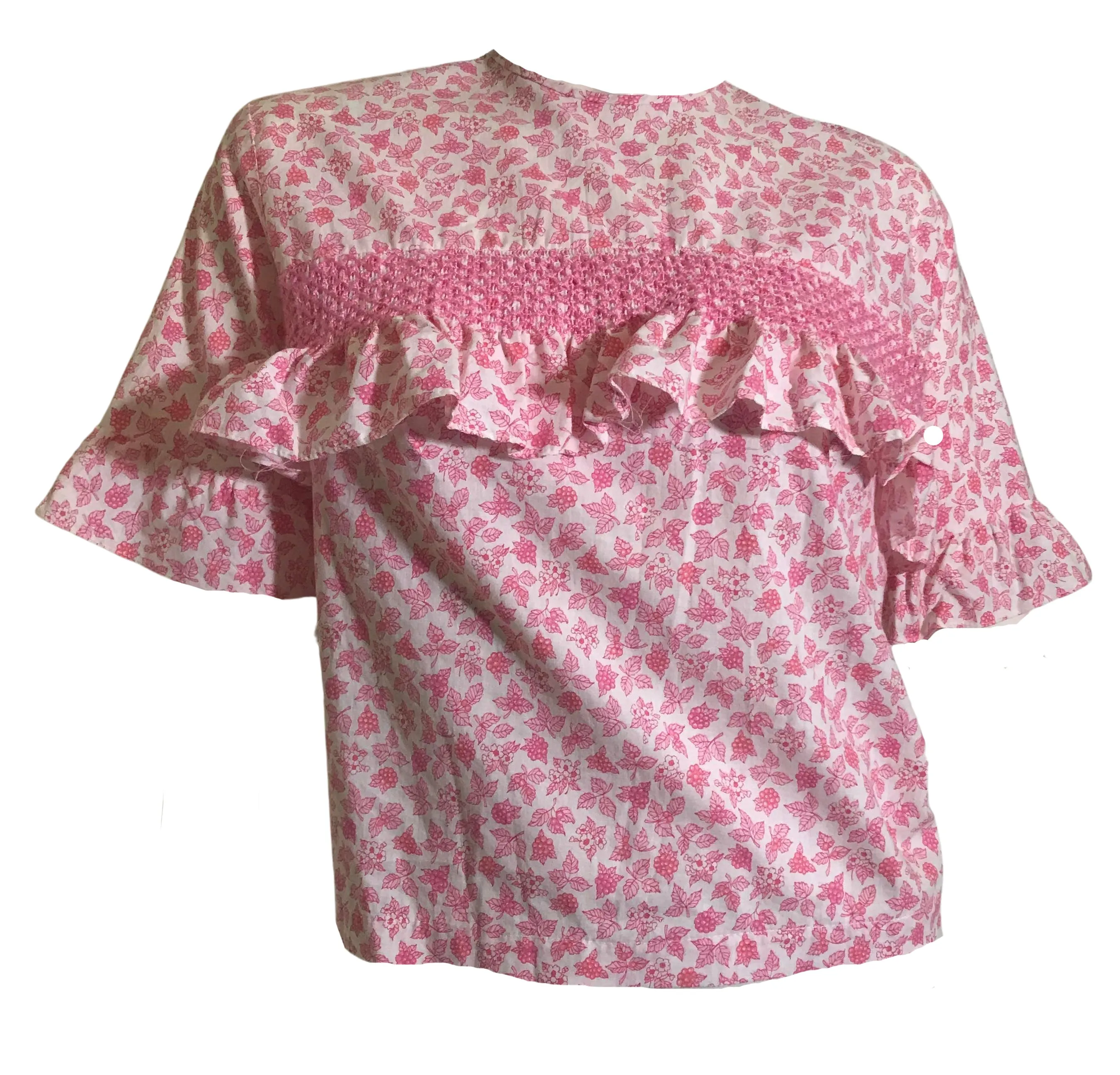Ruffled Smocked Bodice Pink Floral Print Blouse circa 1960s