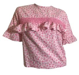 Ruffled Smocked Bodice Pink Floral Print Blouse circa 1960s