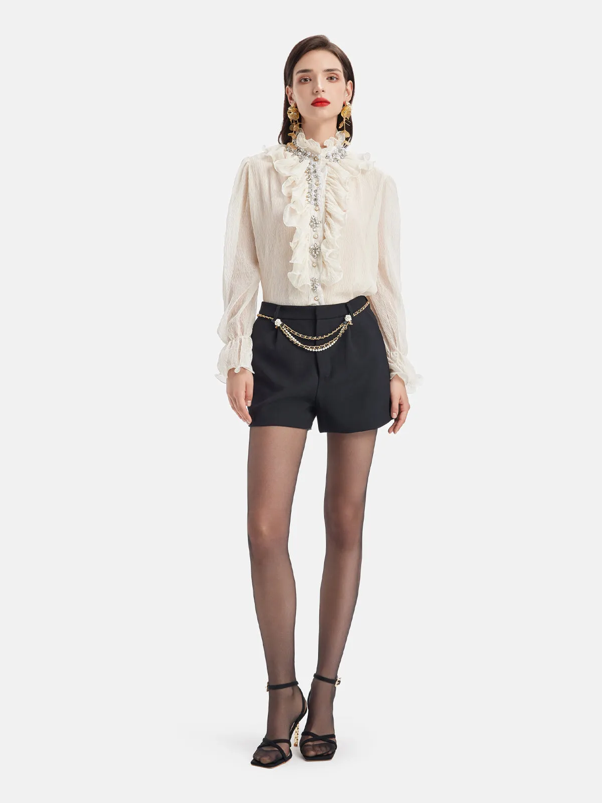Ruffled Stand Collar Beaded Shirt