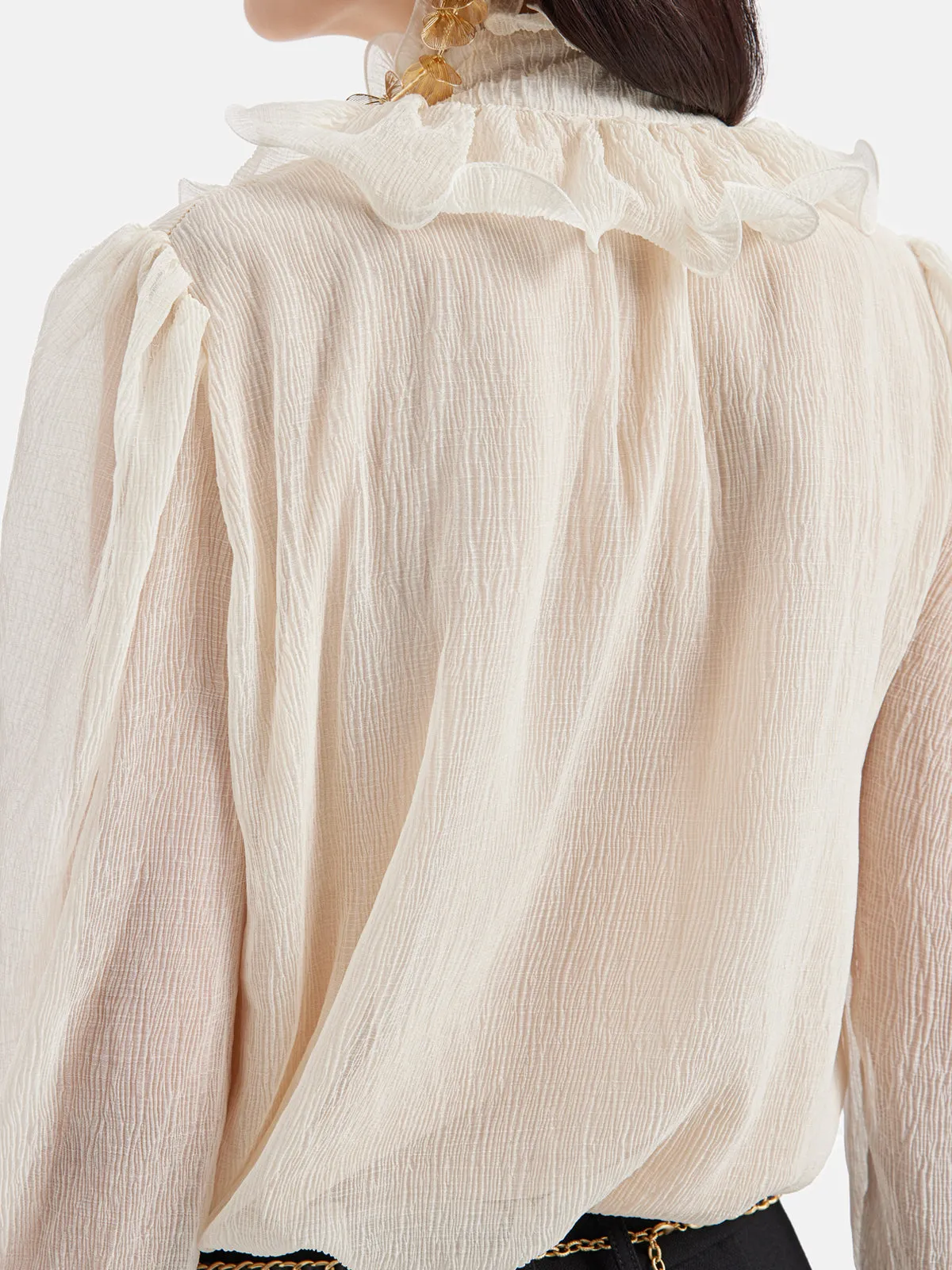 Ruffled Stand Collar Beaded Shirt
