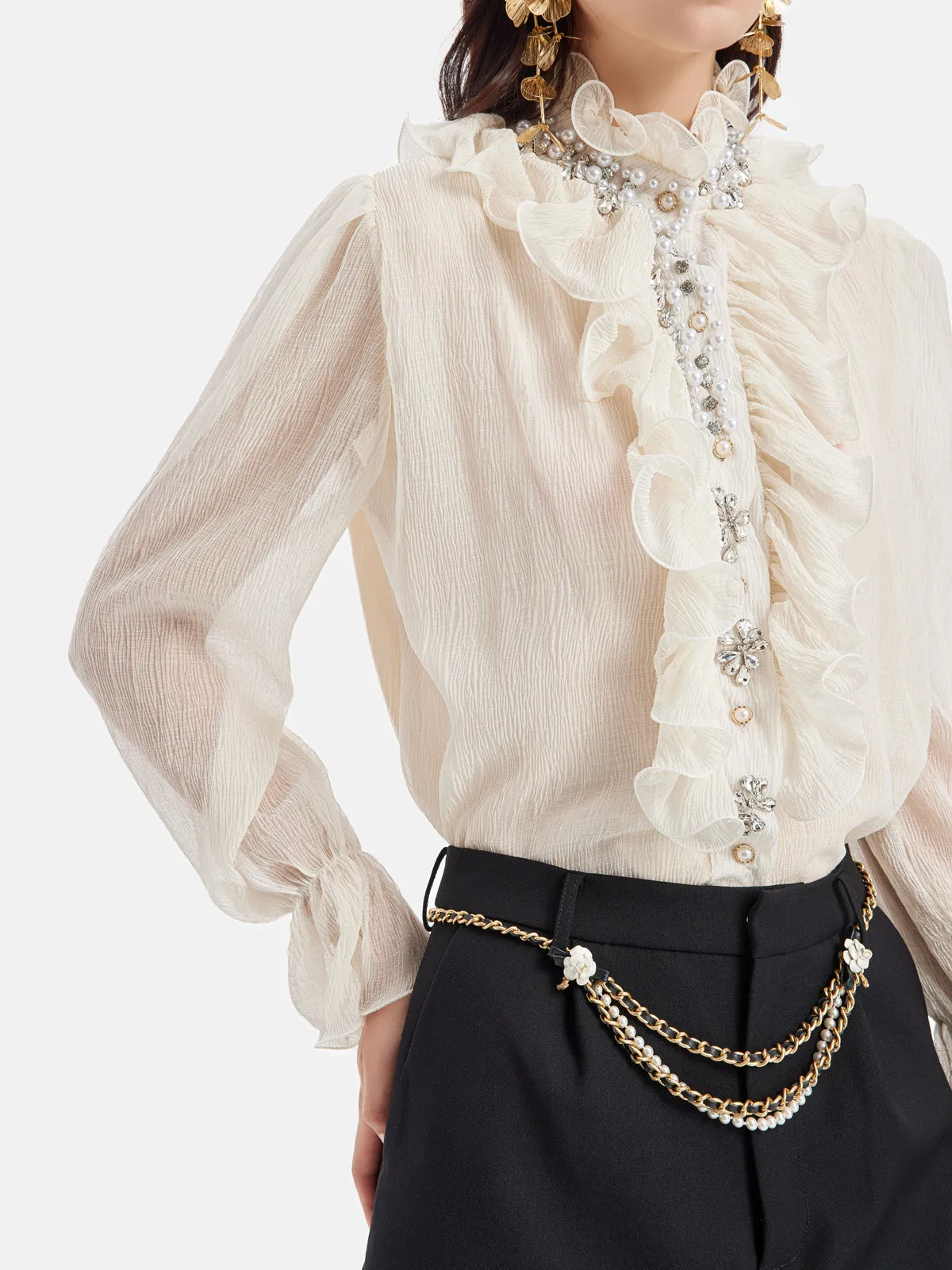Ruffled Stand Collar Beaded Shirt
