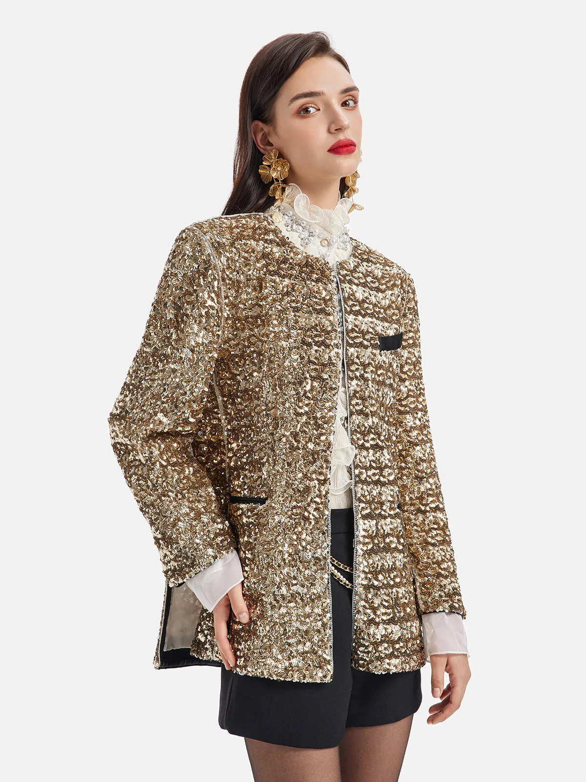Ruffled Stand Collar Beaded Shirt