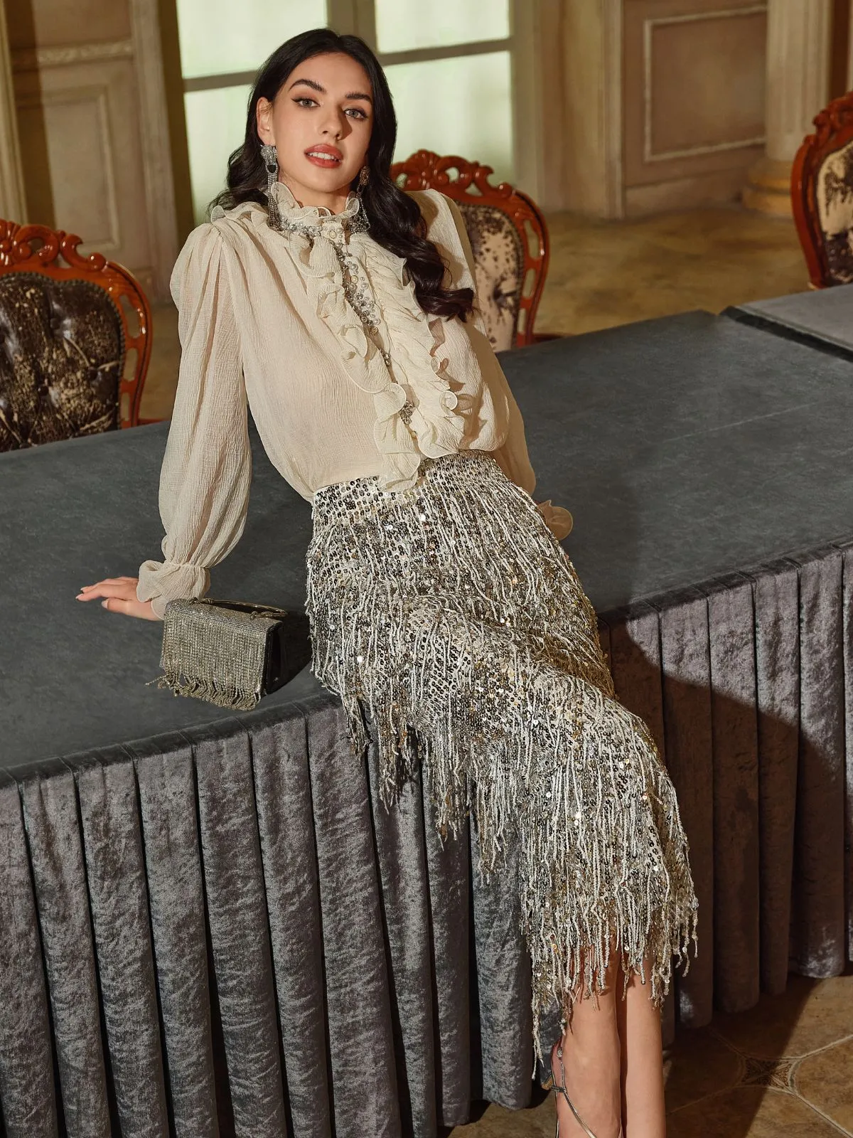 Ruffled Stand Collar Beaded Shirt