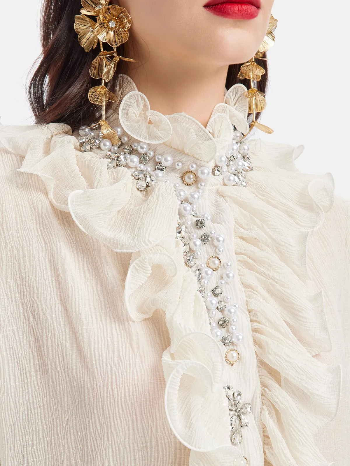 Ruffled Stand Collar Beaded Shirt