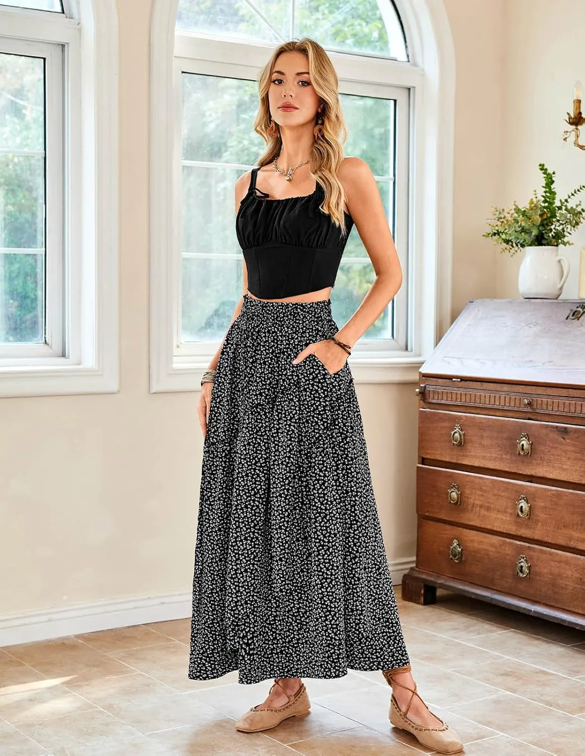 Scarlet Darkness Women Floral Print Boho Skirt Elastic High Waist Long Maxi Skirts with Pockets