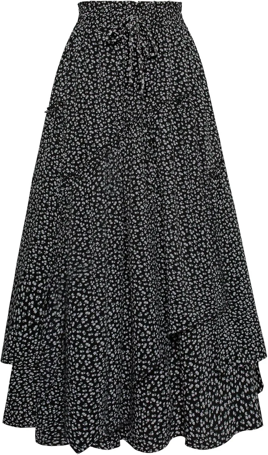 Scarlet Darkness Women Floral Print Boho Skirt Elastic High Waist Long Maxi Skirts with Pockets