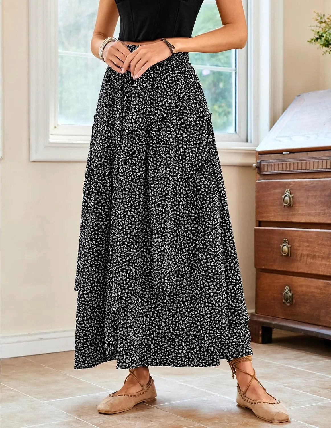 Scarlet Darkness Women Floral Print Boho Skirt Elastic High Waist Long Maxi Skirts with Pockets