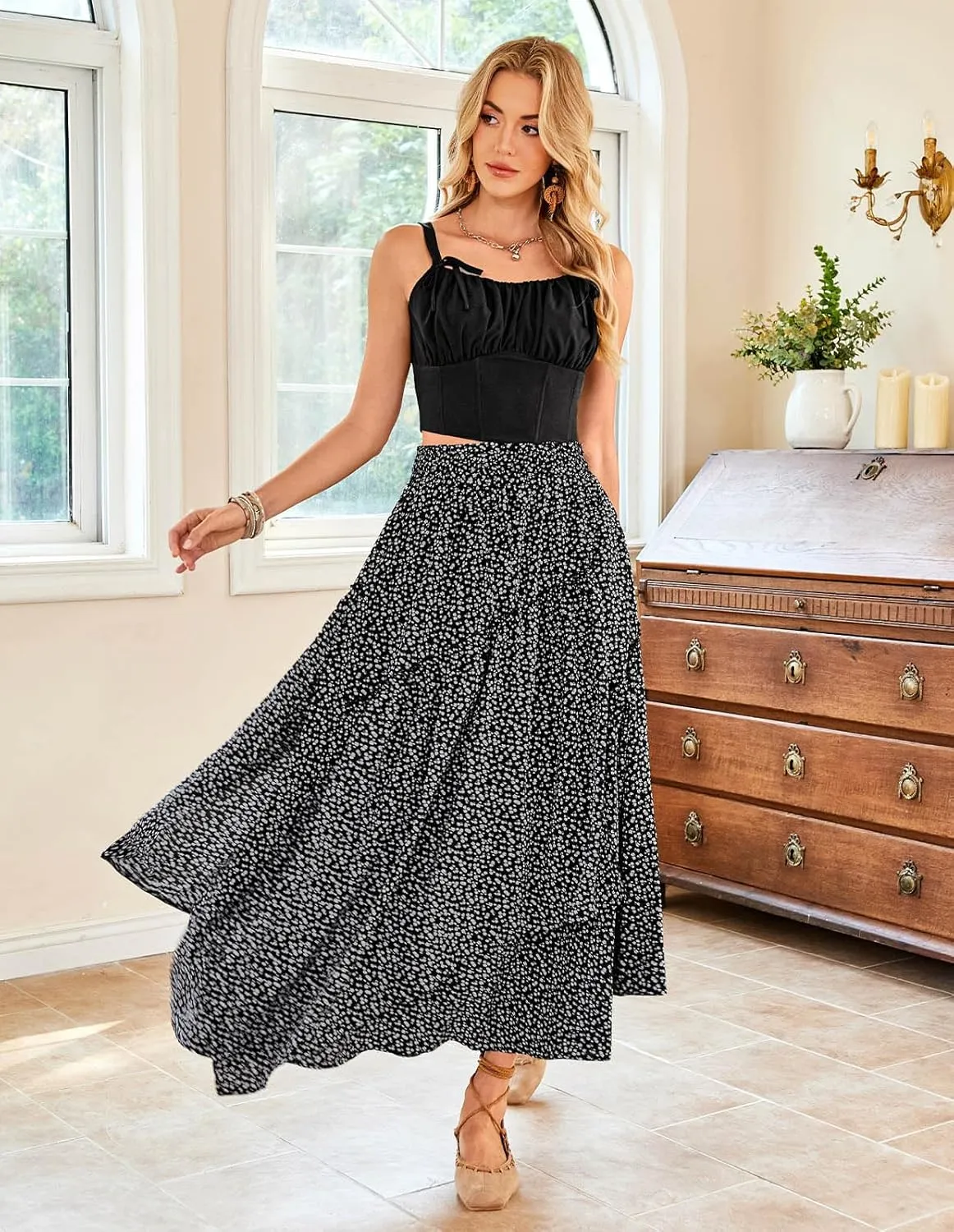 Scarlet Darkness Women Floral Print Boho Skirt Elastic High Waist Long Maxi Skirts with Pockets