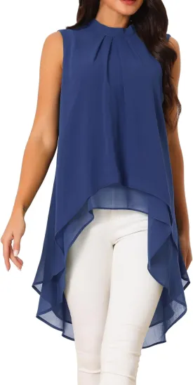 Seta T Women's High Low Tops Mock Neck Chiffon Blouse Tie Back Asymmetrical Sleeveless Shirt Casual Summer Top