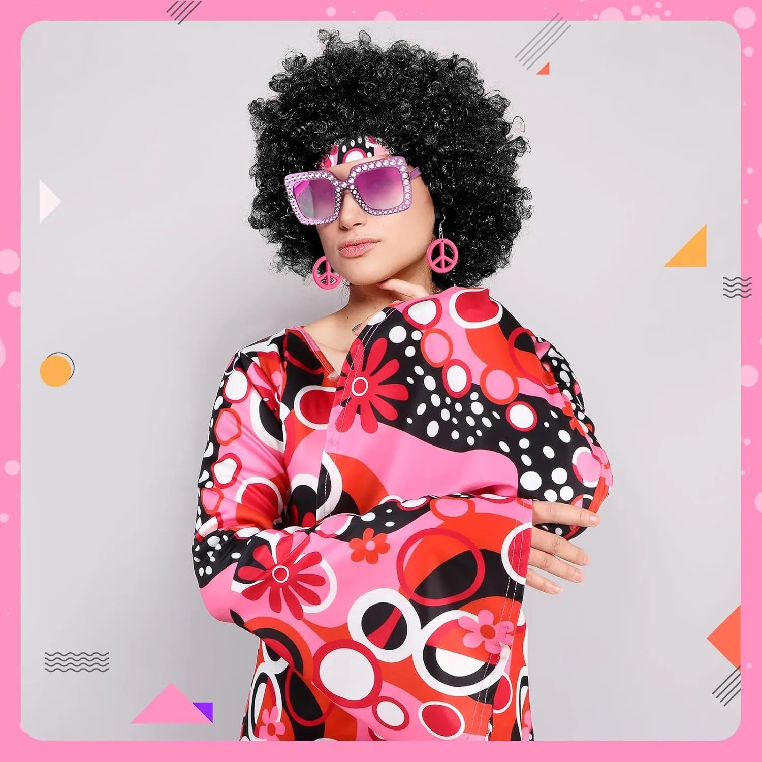 Shihanee 7 Pcs Women 70s Hippie Costume Accessories Disco Outfits Earring Necklace Headband Wig Glasses