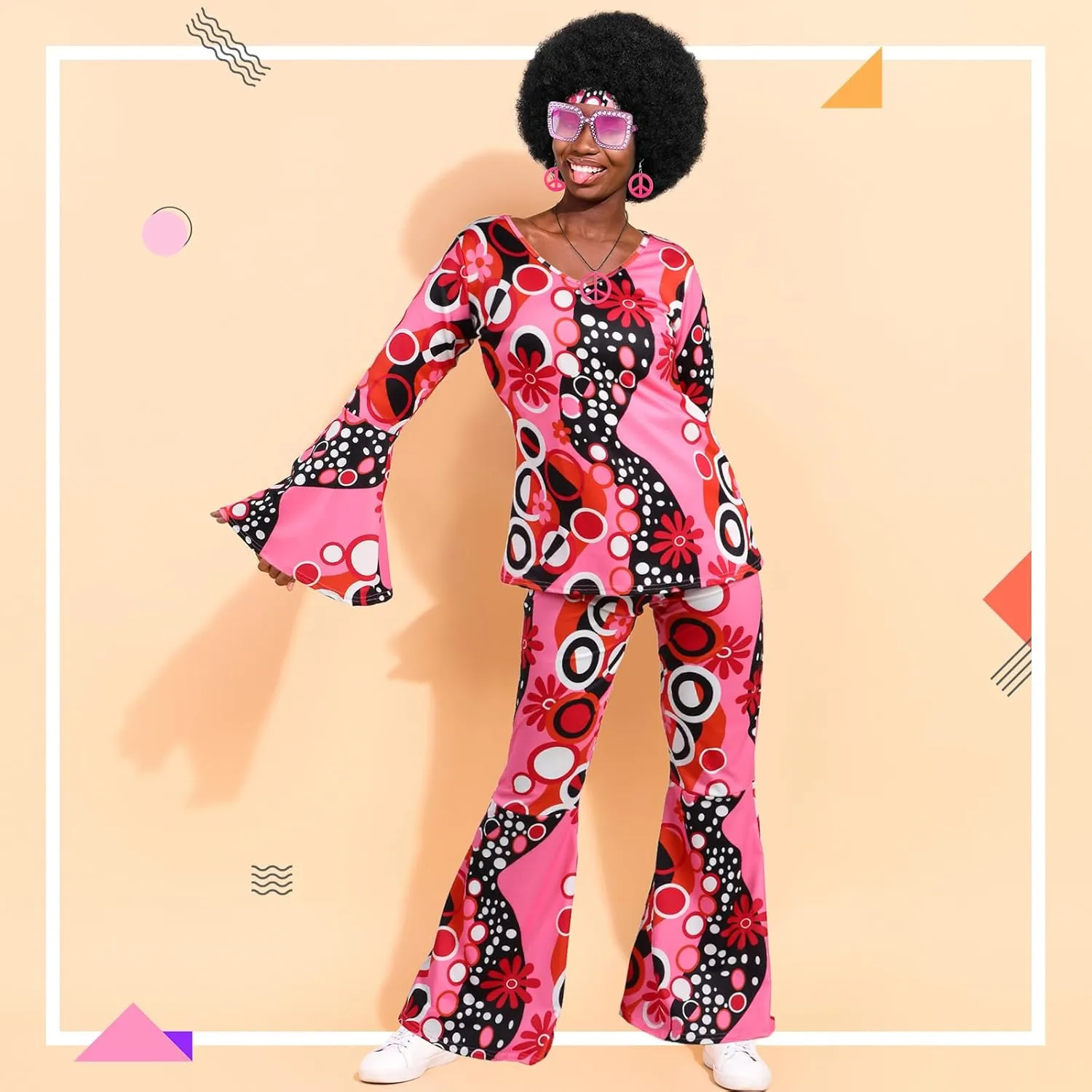 Shihanee 7 Pcs Women 70s Hippie Costume Accessories Disco Outfits Earring Necklace Headband Wig Glasses