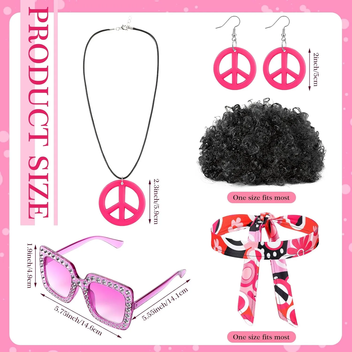 Shihanee 7 Pcs Women 70s Hippie Costume Accessories Disco Outfits Earring Necklace Headband Wig Glasses