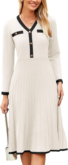 Simplee Women Long Sleeve Sweater Dress Ribbed Knit Formal Work Midi Dresses