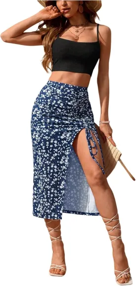 SOLY HUX Women's Summer Two Piece Outfits Cami Tops and Floral Print Drawstring Split Skirt Set