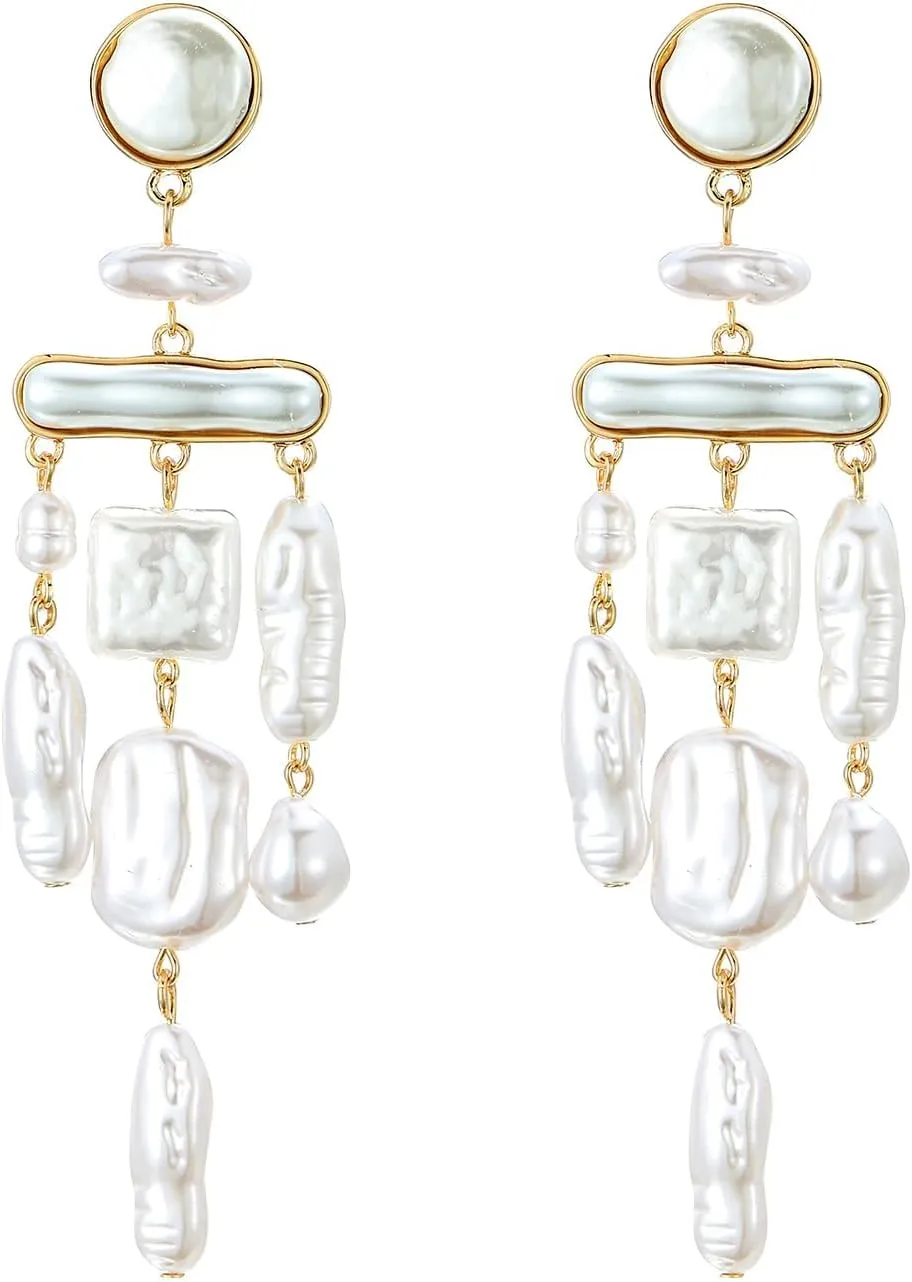 Statement Pearl Dangle Earrings,Gold and Large Pearl,Luxury Chandelier Organic Style Earrings