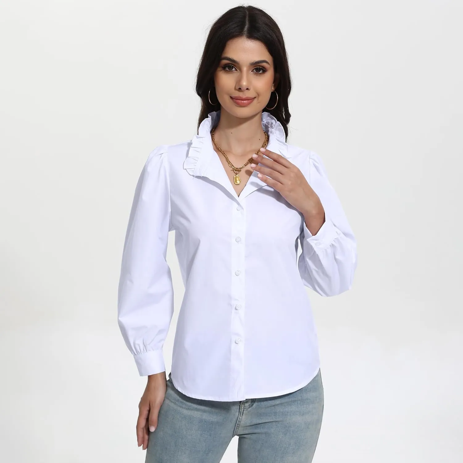 SUNNOW Women's White Button Down Shirt Ruffle Stand Collar Long Sleeve Blouse Business Casual Top