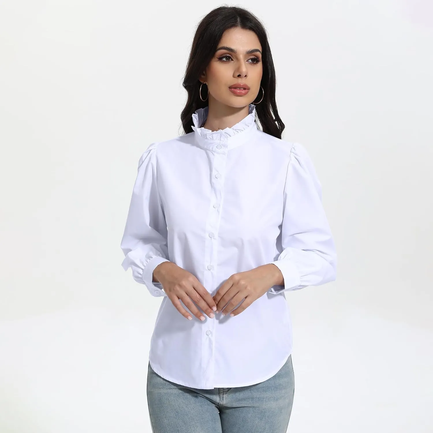 SUNNOW Women's White Button Down Shirt Ruffle Stand Collar Long Sleeve Blouse Business Casual Top
