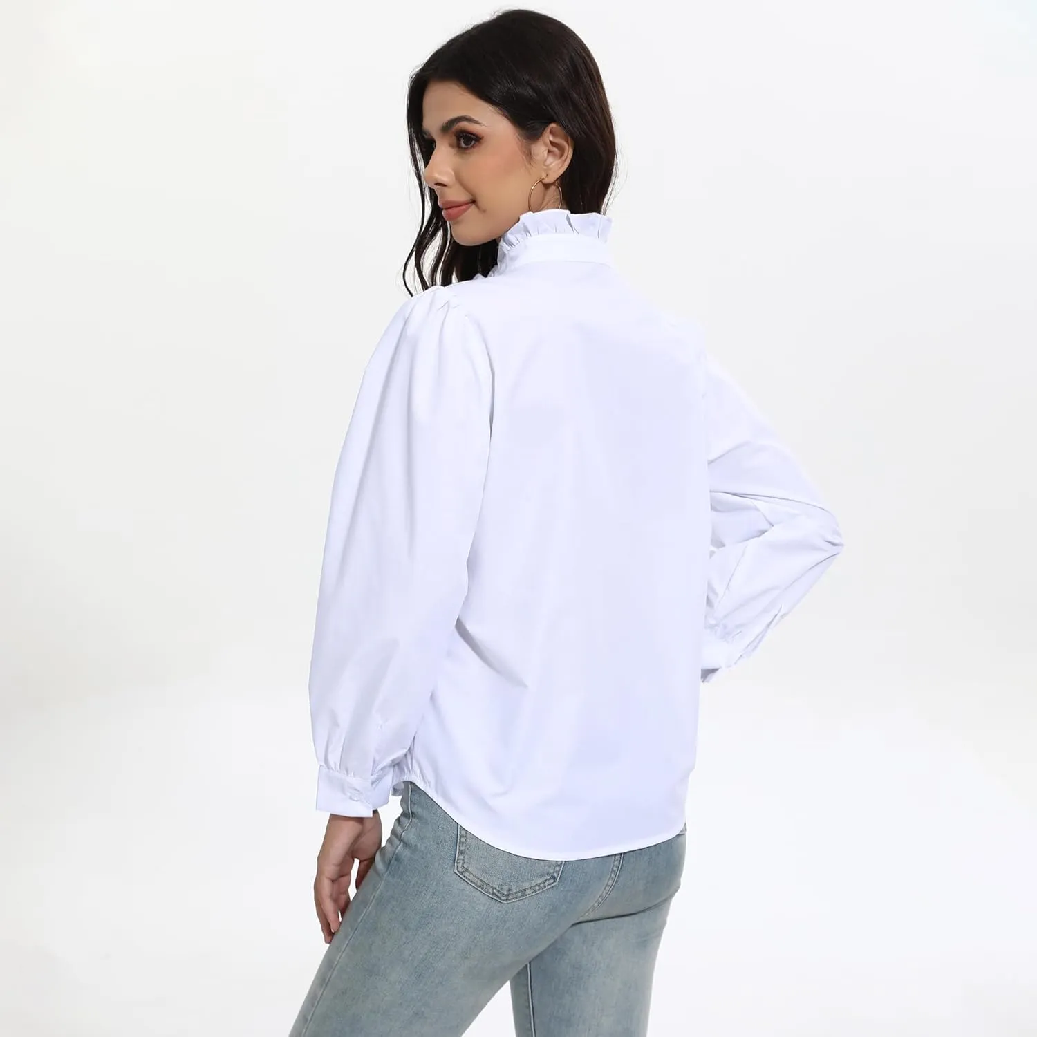 SUNNOW Women's White Button Down Shirt Ruffle Stand Collar Long Sleeve Blouse Business Casual Top