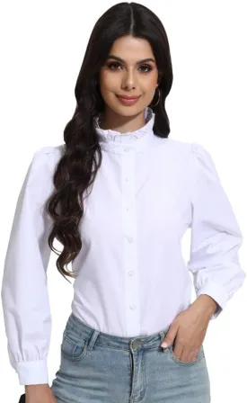 SUNNOW Women's White Button Down Shirt Ruffle Stand Collar Long Sleeve Blouse Business Casual Top
